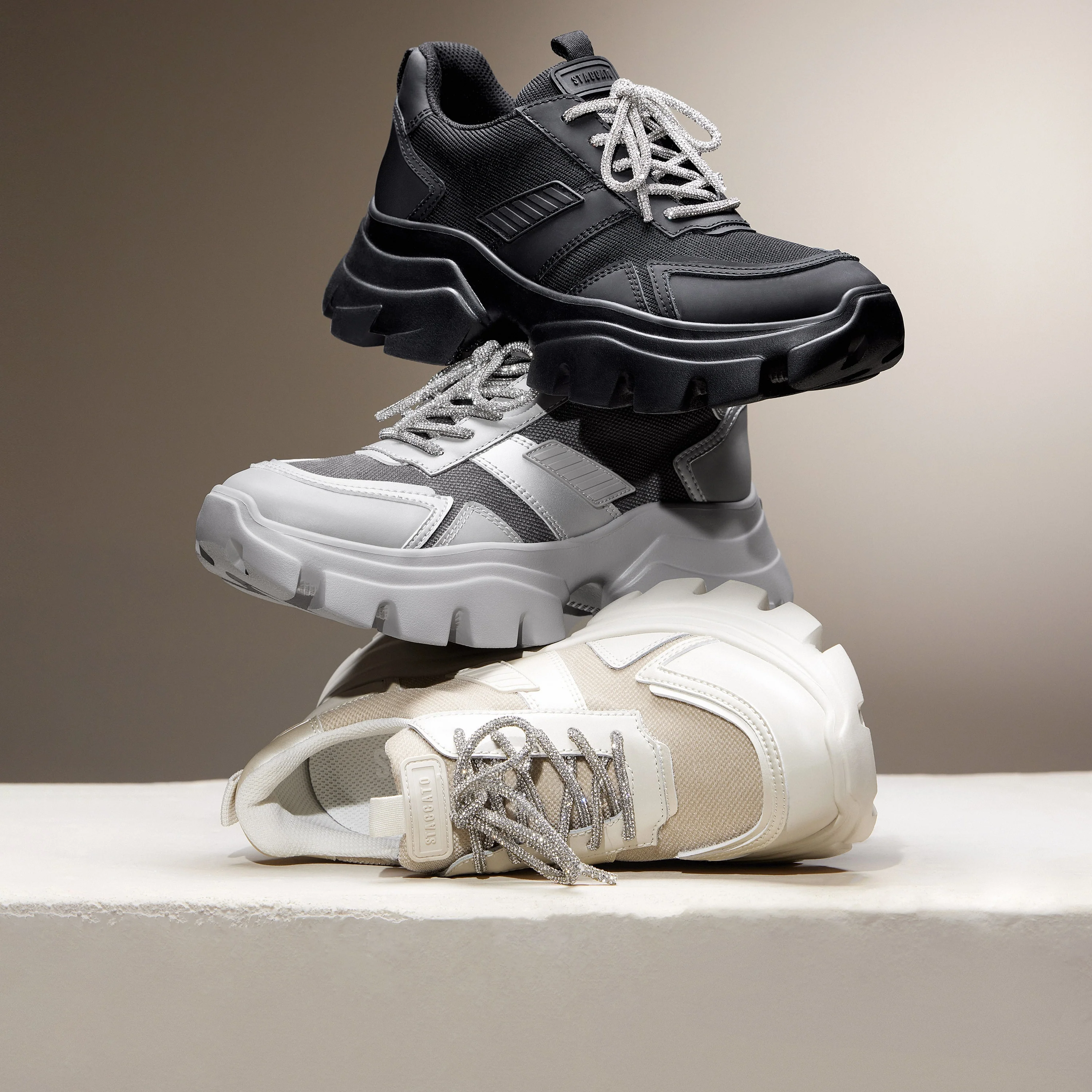 Beige Tone Crystal Lace Up Chunky Sneakers - Image 6