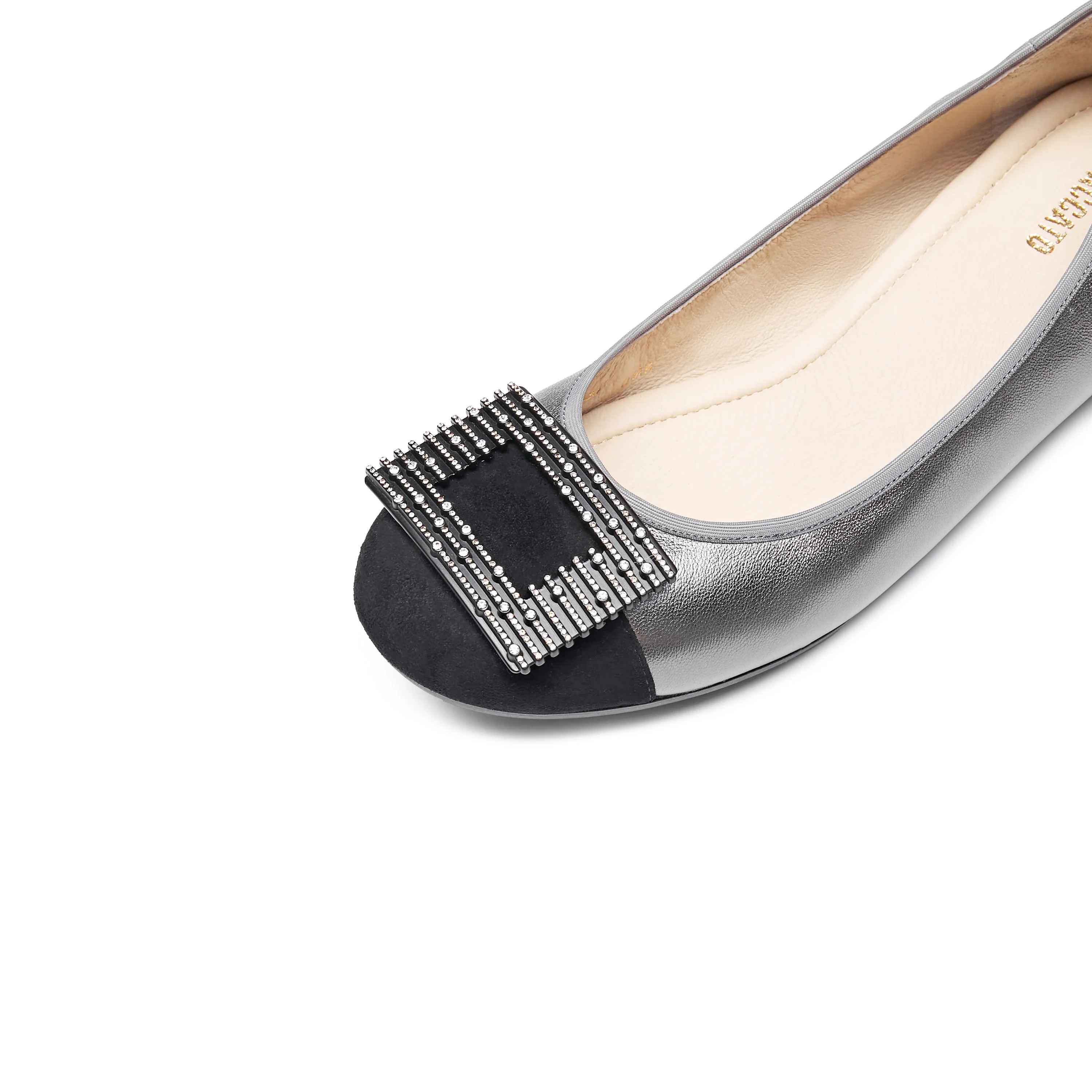 Silvery Grey Square Buckle Leather Ballerina Flats - Image 5