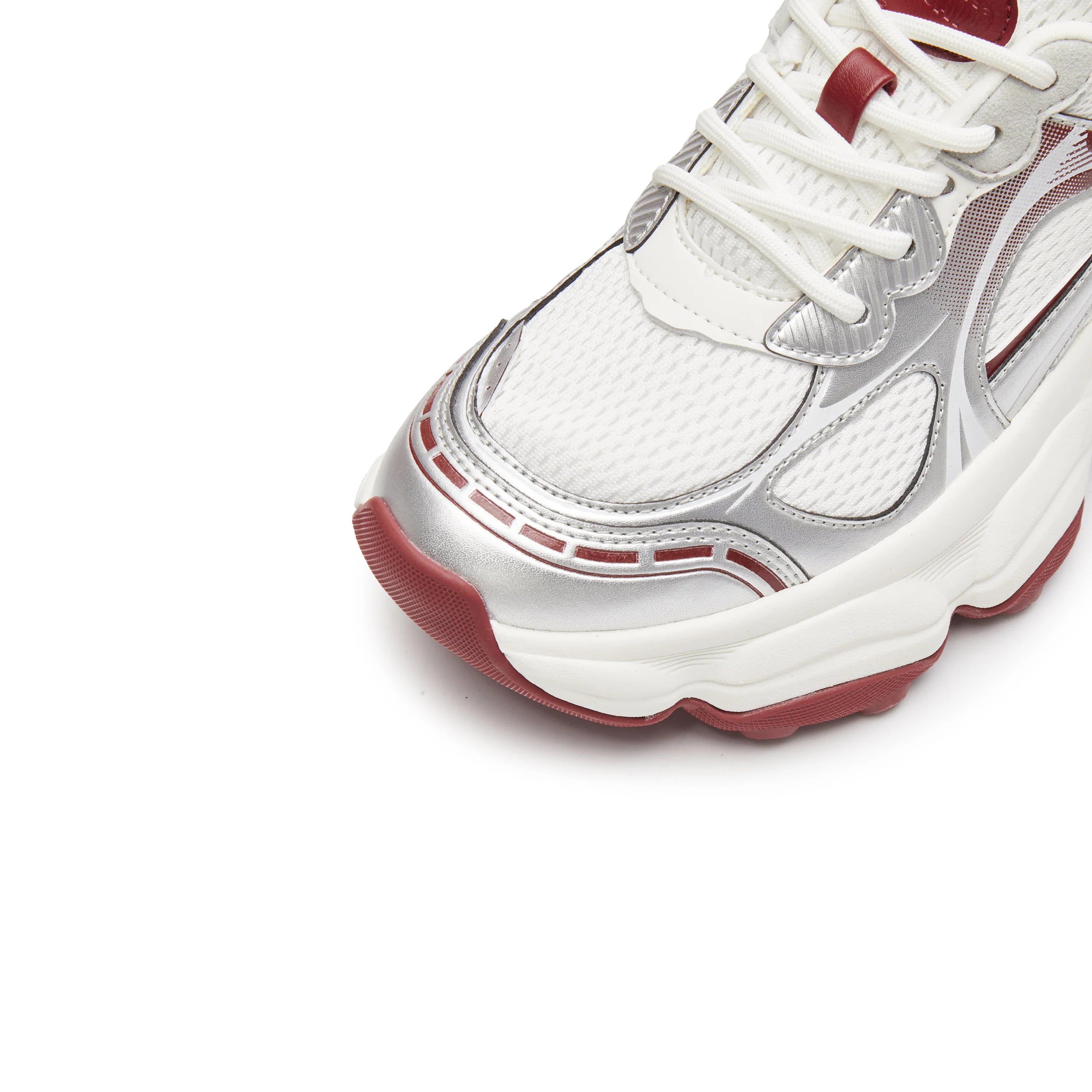 Silvery Red Meshed Lace Up Chunky Sneakers - Image 5