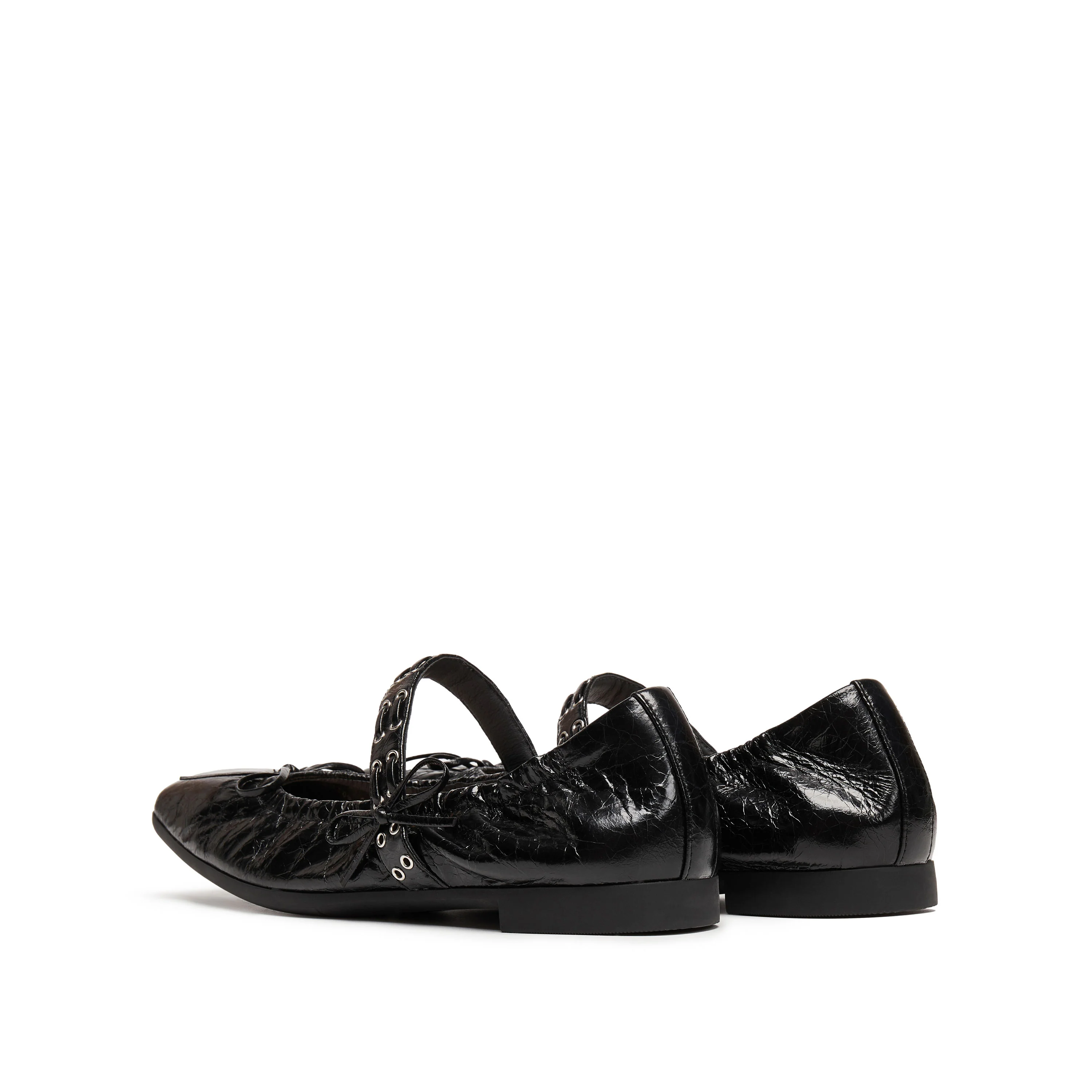 Black Waxy Bow Strappy Ballet Flats - Image 3