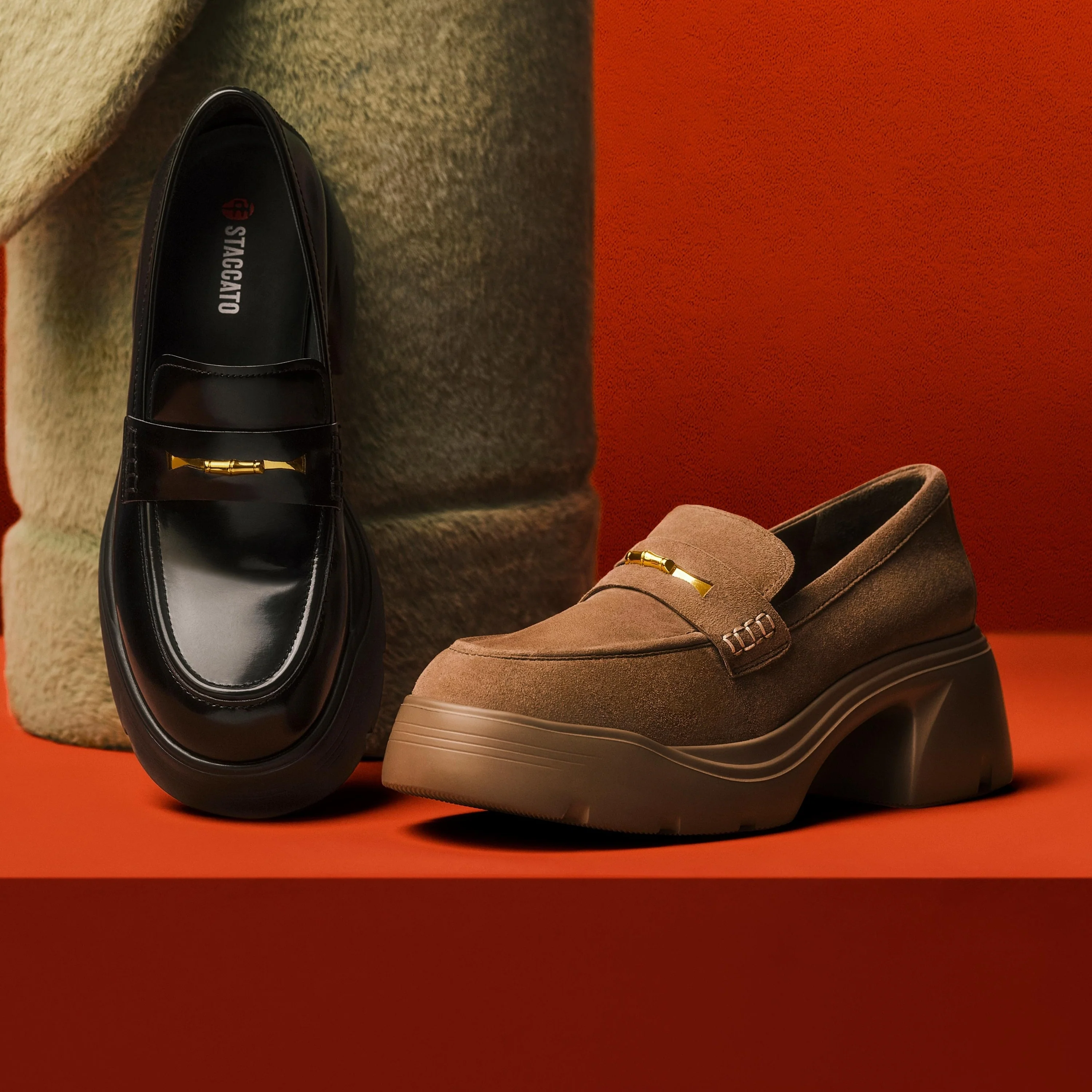 Khaki Golden Bamboo Platform Suede Loafers - Image 6